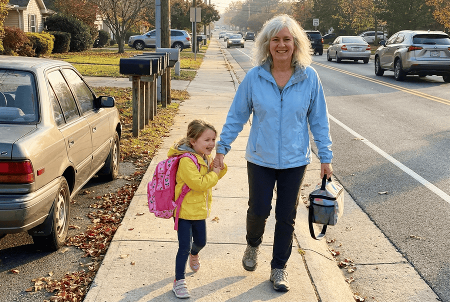 Carol walking with her granddaughter