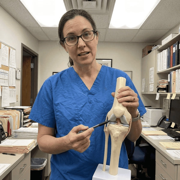 Physical therapist explaining knee anatomy to a patient